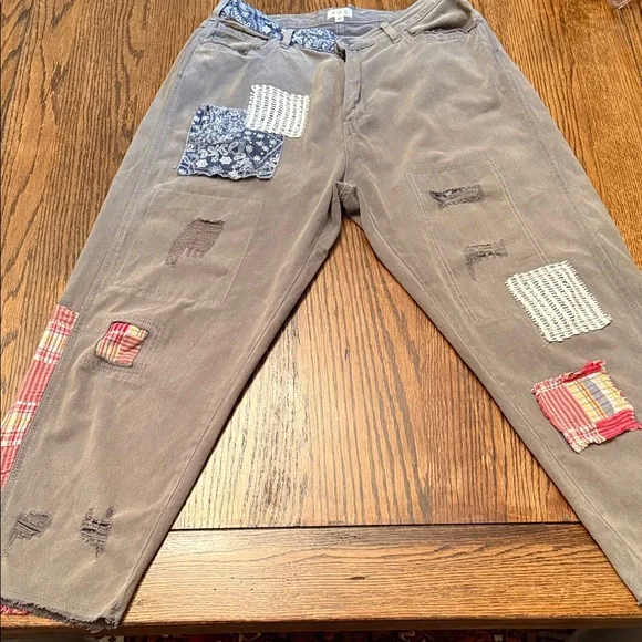POL Patchwork Distressed Cotton Cropped Pants Boho Lagenlook Size M - Picture 1 of 16
